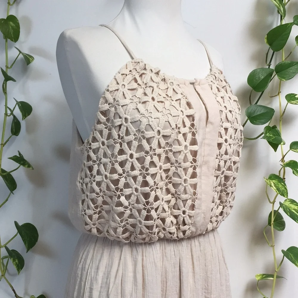 Cloth & People Crochet Lace Maxi Dress Boho Bride Macrame Beach Slit Strappy - Picture 3 of 6